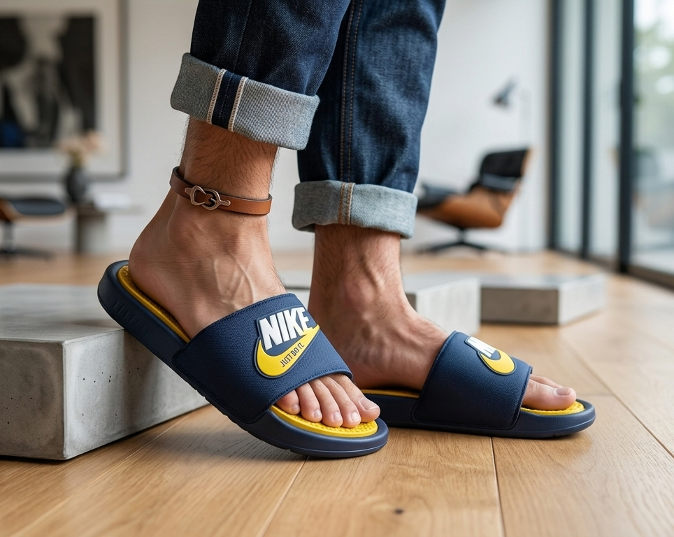 Nike Turbo slides in midnight navy / Yellow