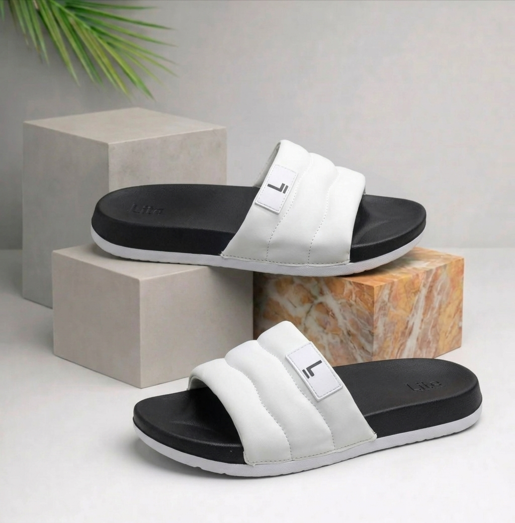 Urban Sole Lite Padded Slides | Pure White / Black