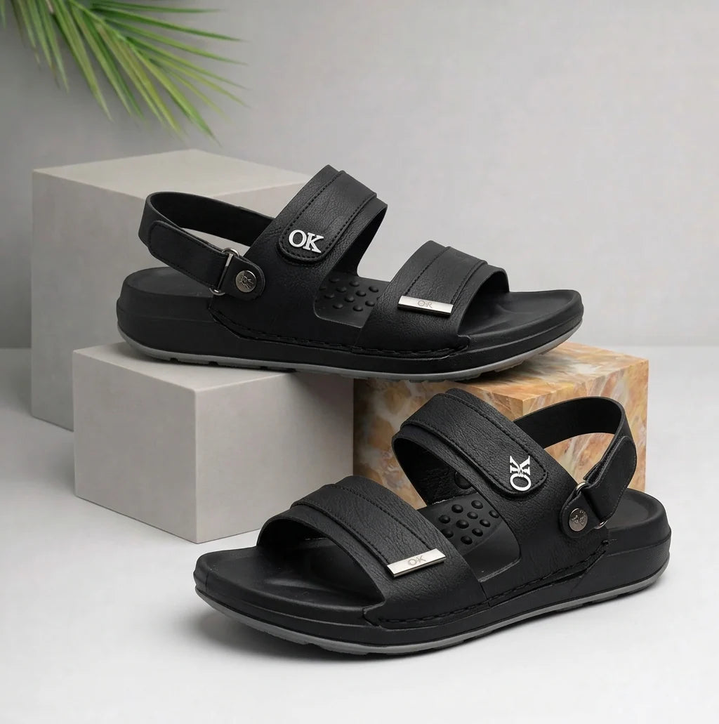 Elite Skechers Leather Dual-Strap Sandals | Full Black