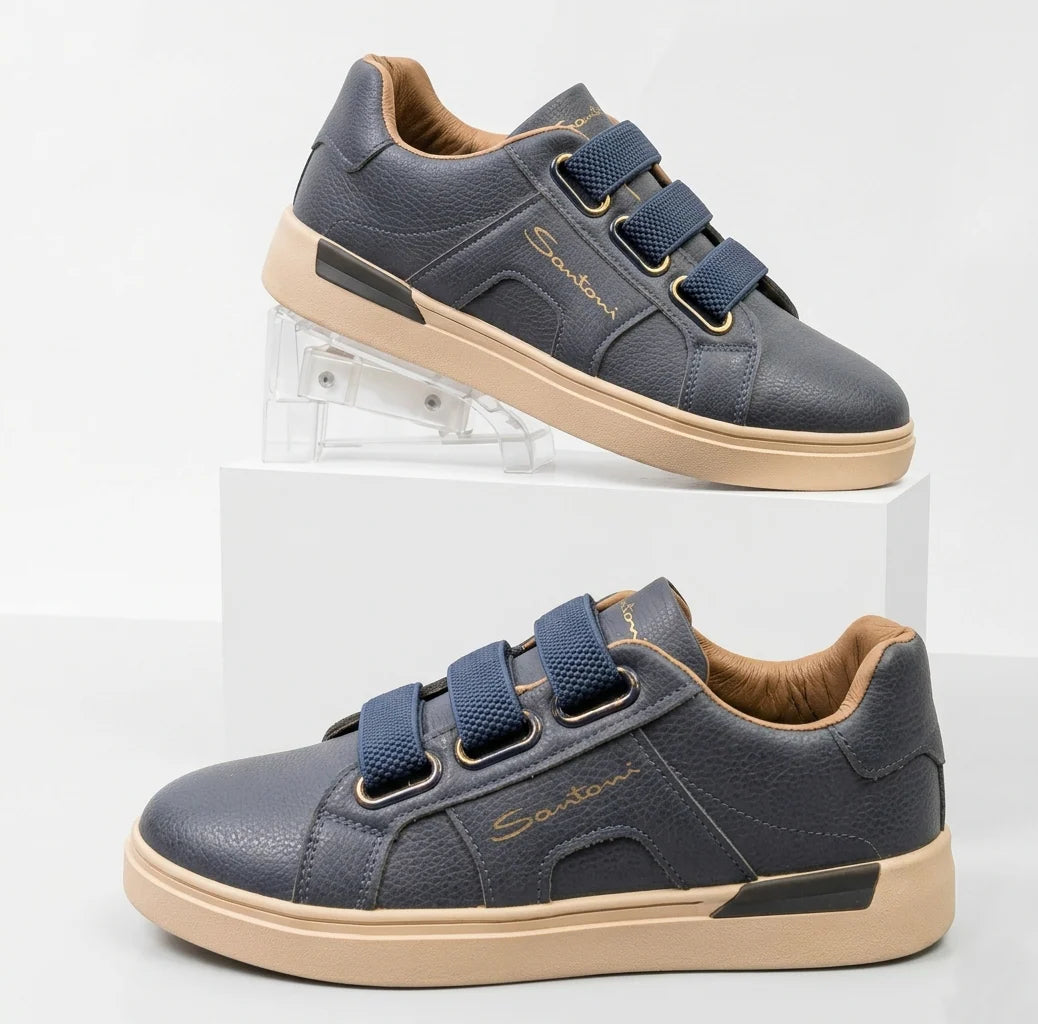 Santoni Luxury Pebbled Leather Triple-Strap Sneakers | Navy Blue