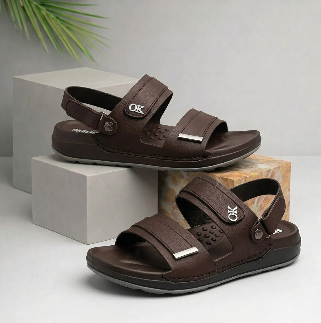 Elite Skechers Leather Dual-Strap Sandals | Dark Brown
