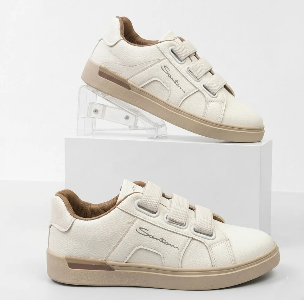Santoni Luxury Pebbled Leather Triple-Strap Sneakers | White