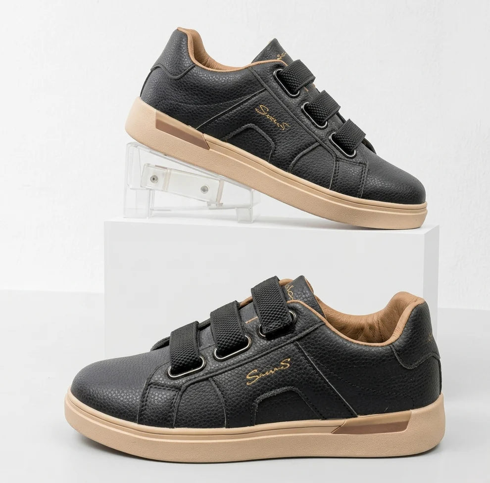 Santoni Luxury Pebbled Leather Triple-Strap Sneakers | Black