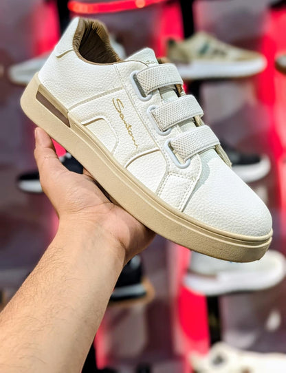 Santoni Luxury Pebbled Leather Triple-Strap Sneakers | White