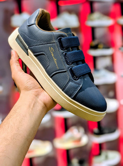 Santoni Luxury Pebbled Leather Triple-Strap Sneakers | Navy Blue